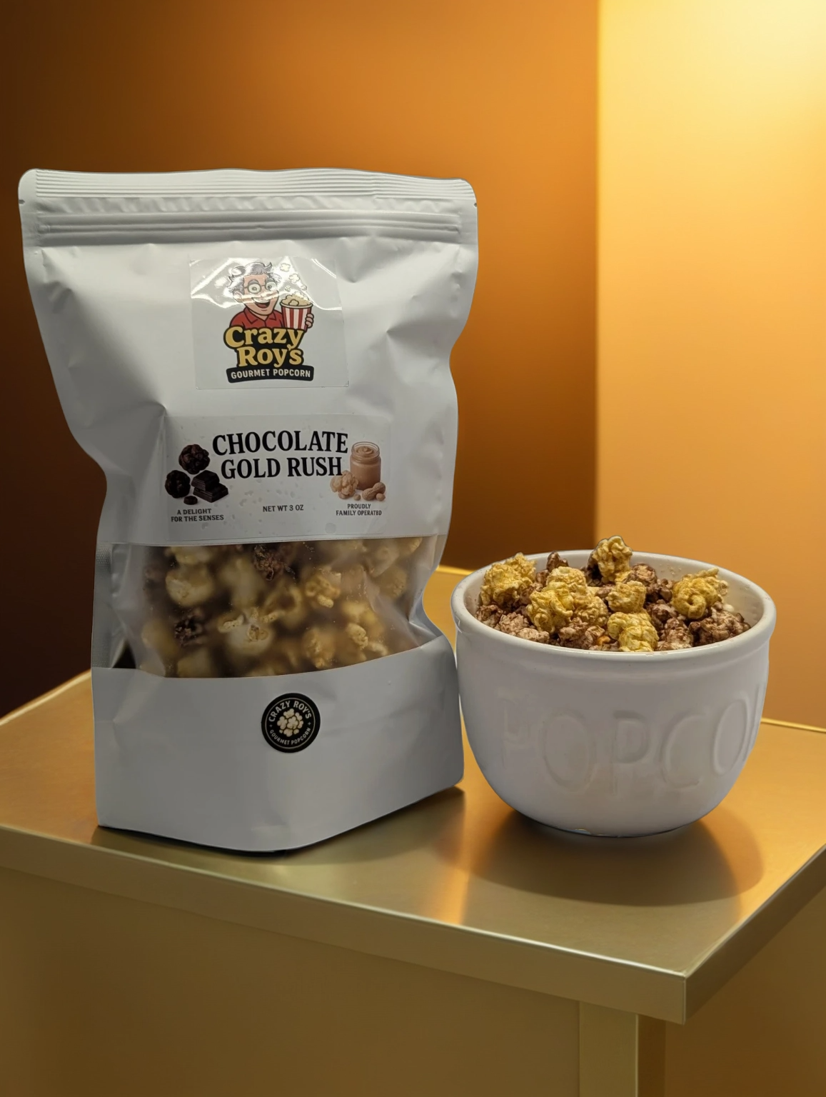 Peanut butter meets chocolate in pure popcorn gold.