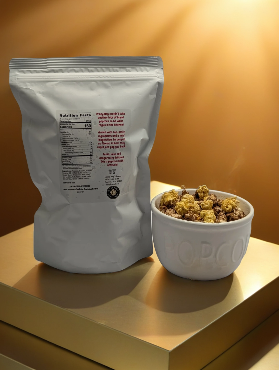 Peanut butter meets chocolate in pure popcorn gold.